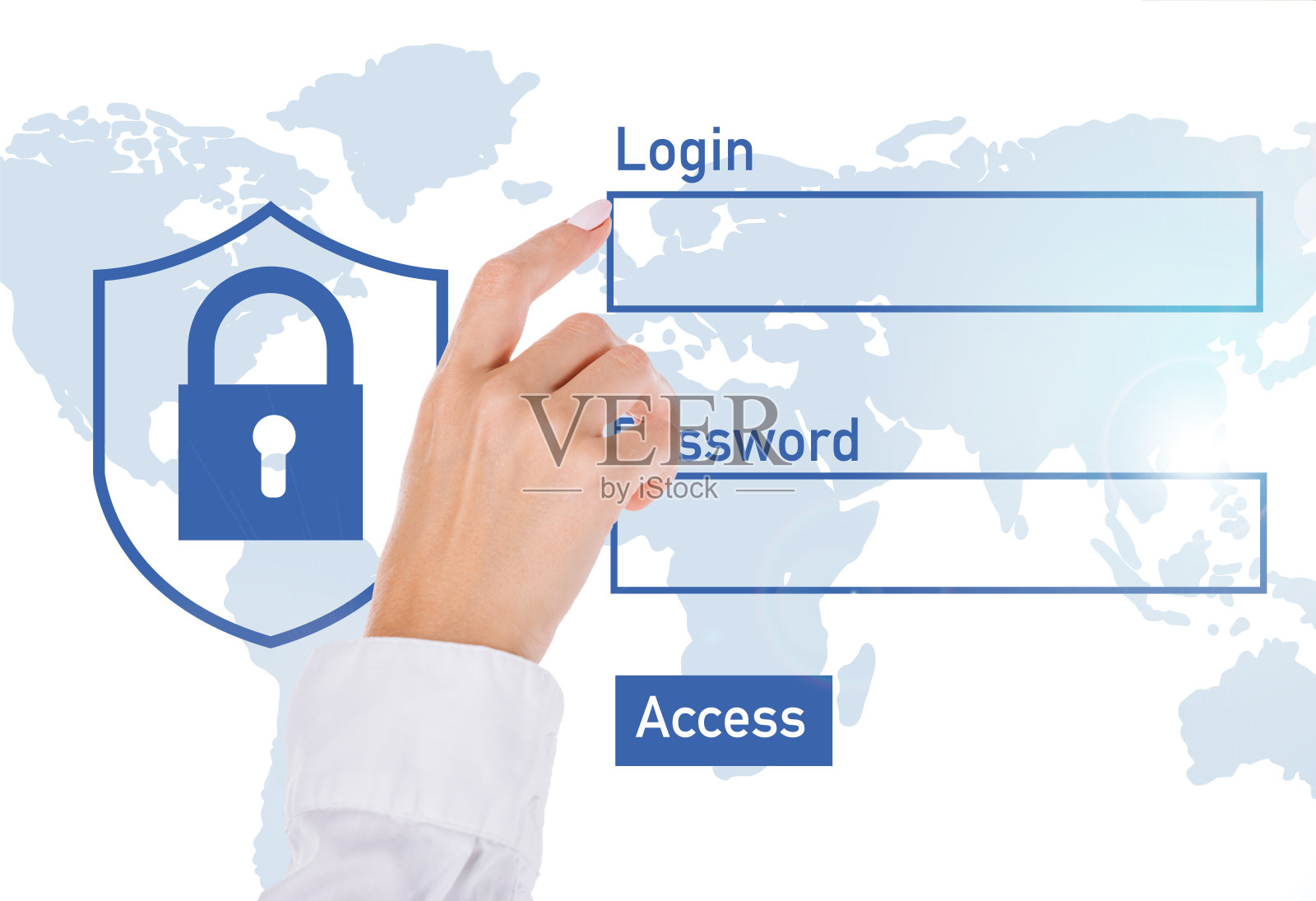 一名女商人指着孤立在白色上的网络安全标志照片摄影图片