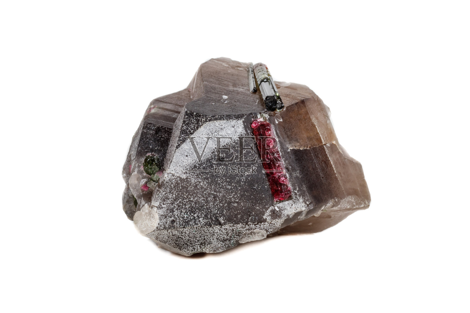 宏观矿物电气石在石英上的白色背景照片摄影图片