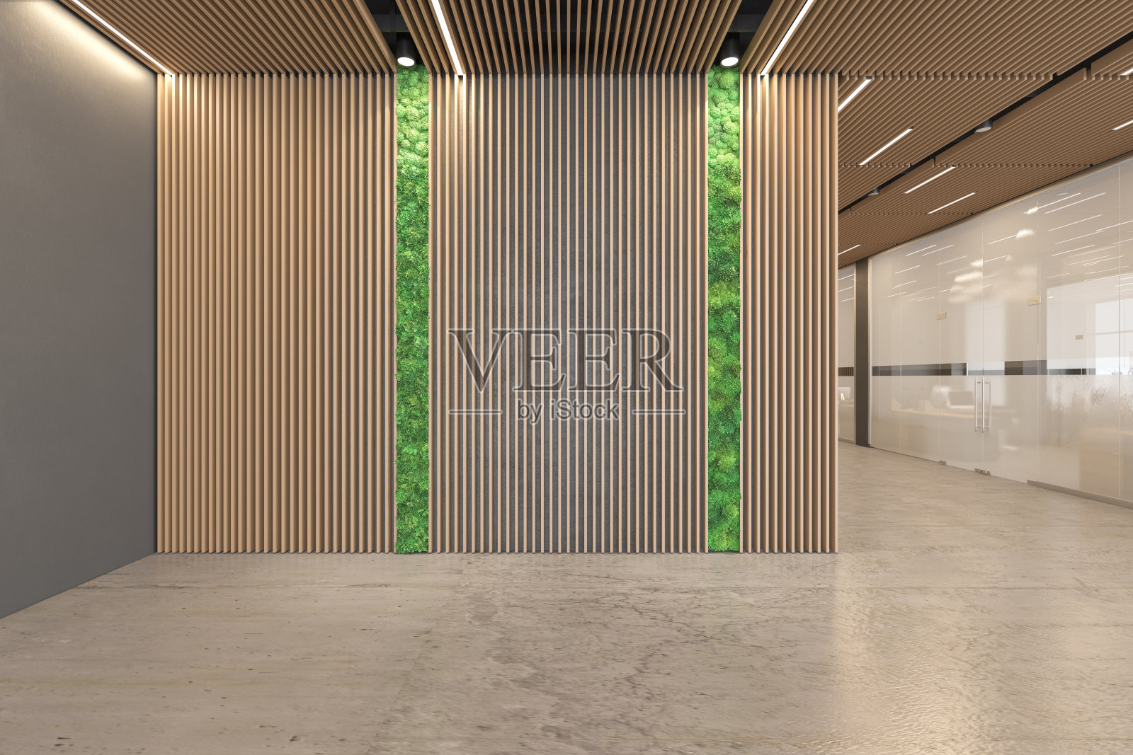 办公开放空间大堂生态室内，混凝土地板，木质天花板，接待，电梯。照片摄影图片