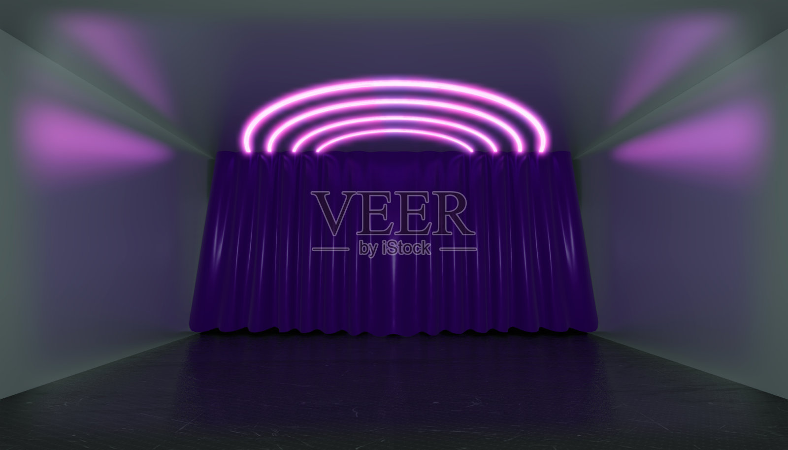 3 d渲染。霓虹灯下的几何图形，映衬着带窗帘的黑暗舞台。激光发光。照片摄影图片