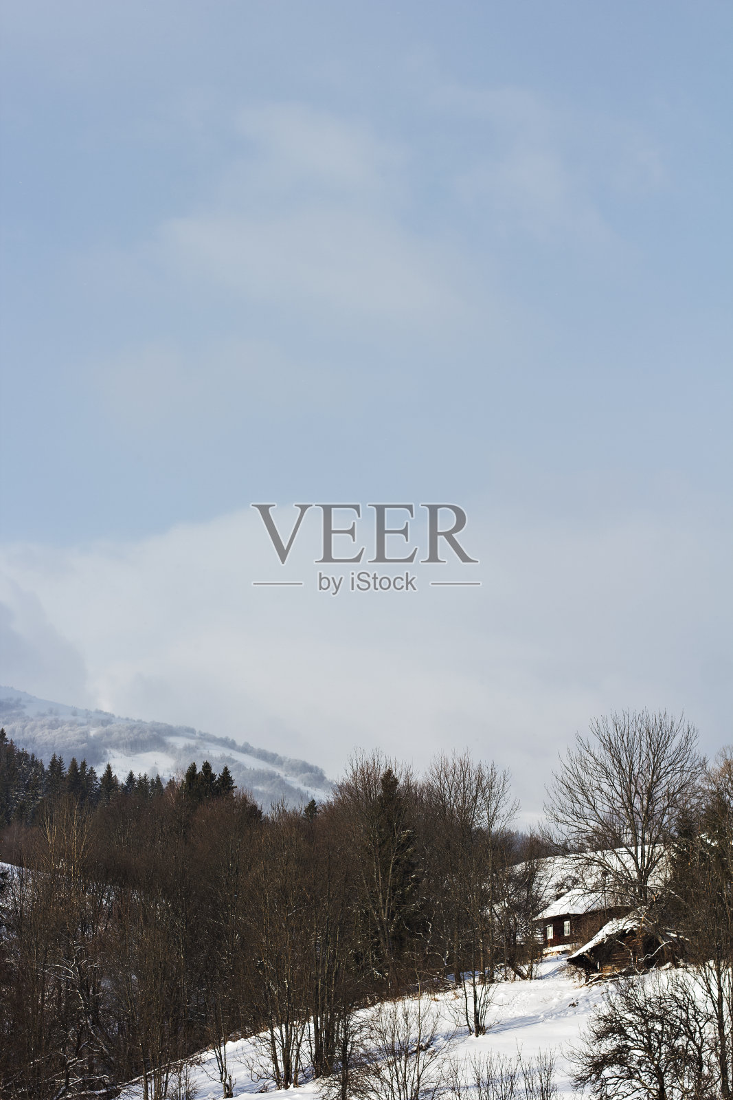 冬天的山地景观。山在雪中。山上的第一场雪。照片摄影图片