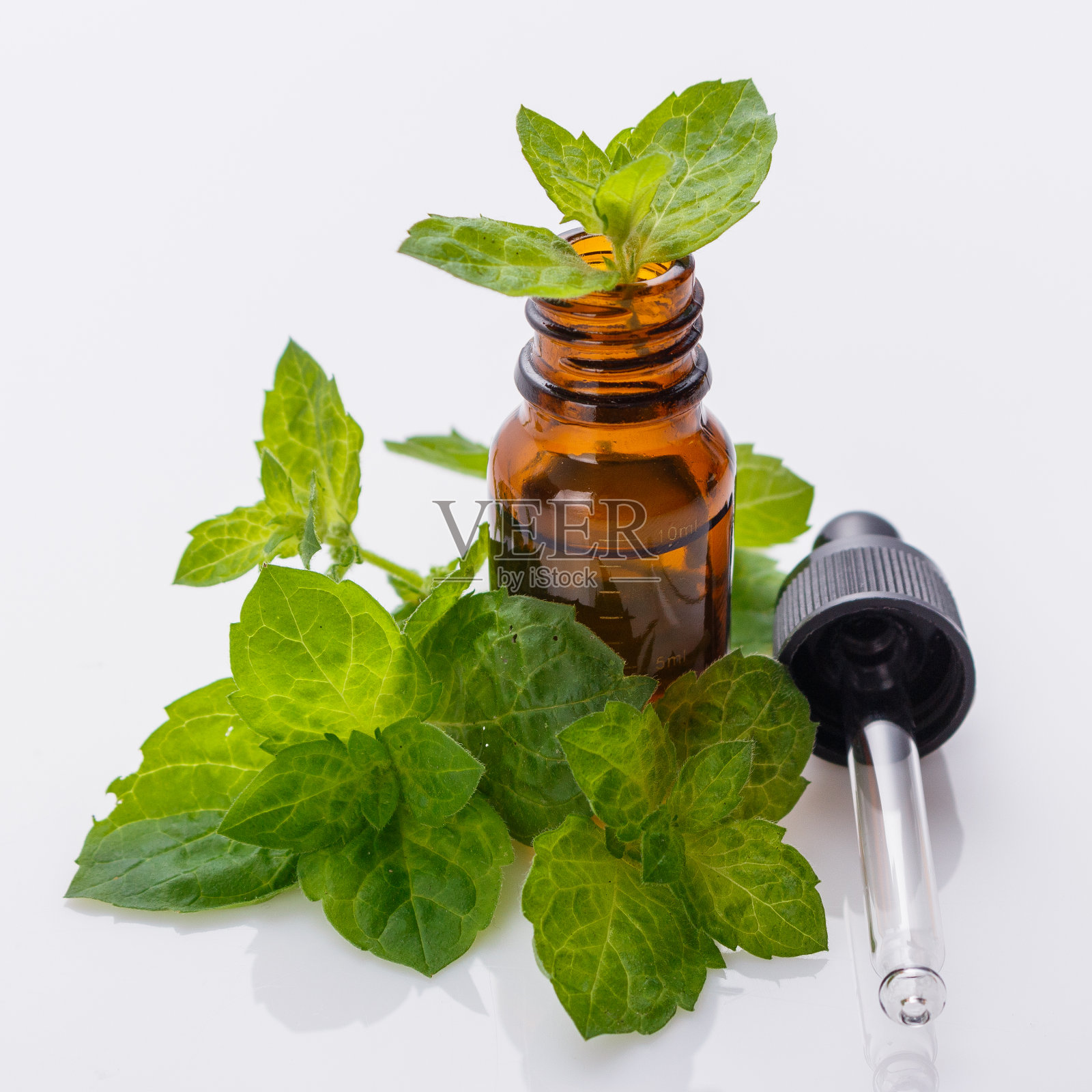 白色背景上的薄荷精油照片摄影图片