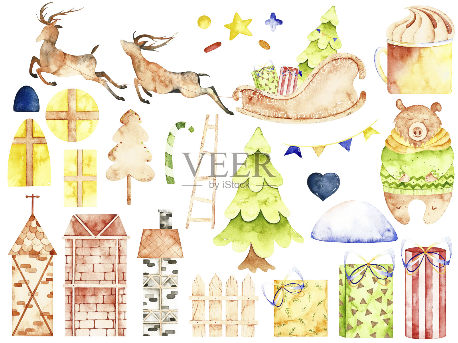 水彩圣诞元素。插画图片素材