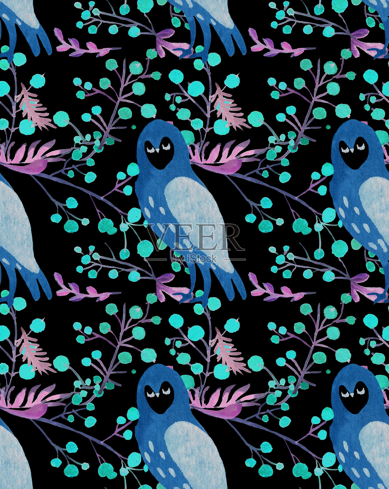 圣诞水彩美丽无缝图案猫头鹰和圣诞红莓装饰。用于纺织、纸张、卡片等节日装饰印刷品。插画图片素材
