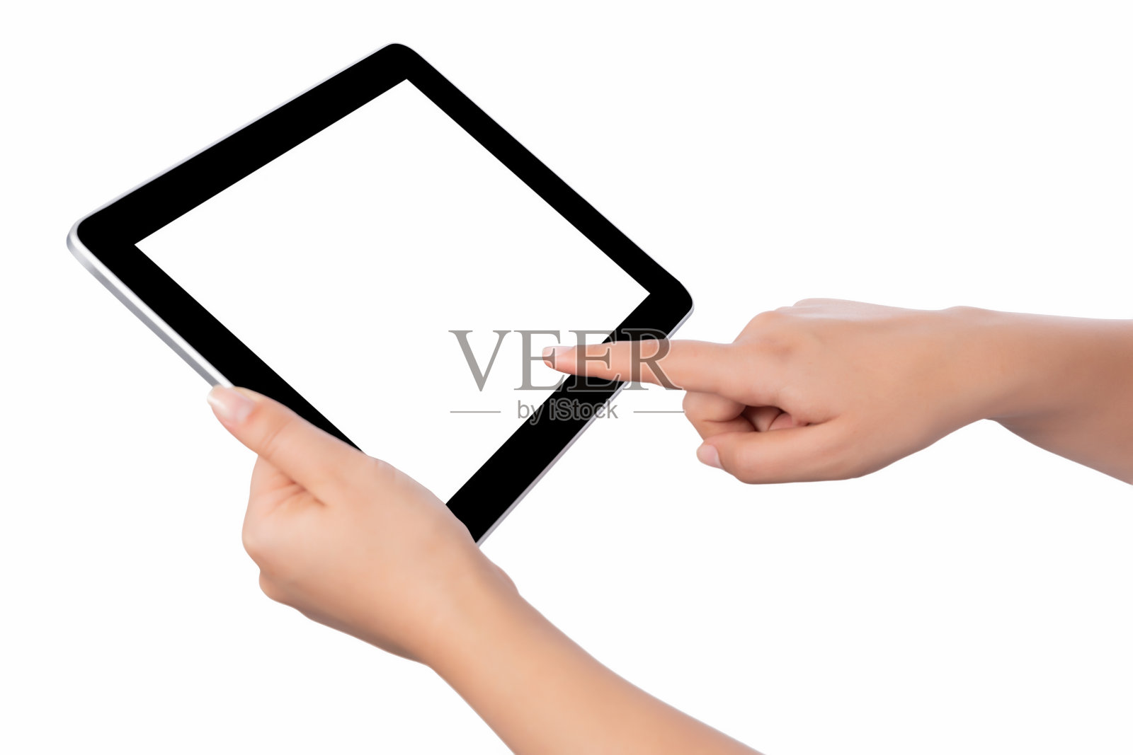 手持空白屏幕平板电脑上的白色背景照片摄影图片