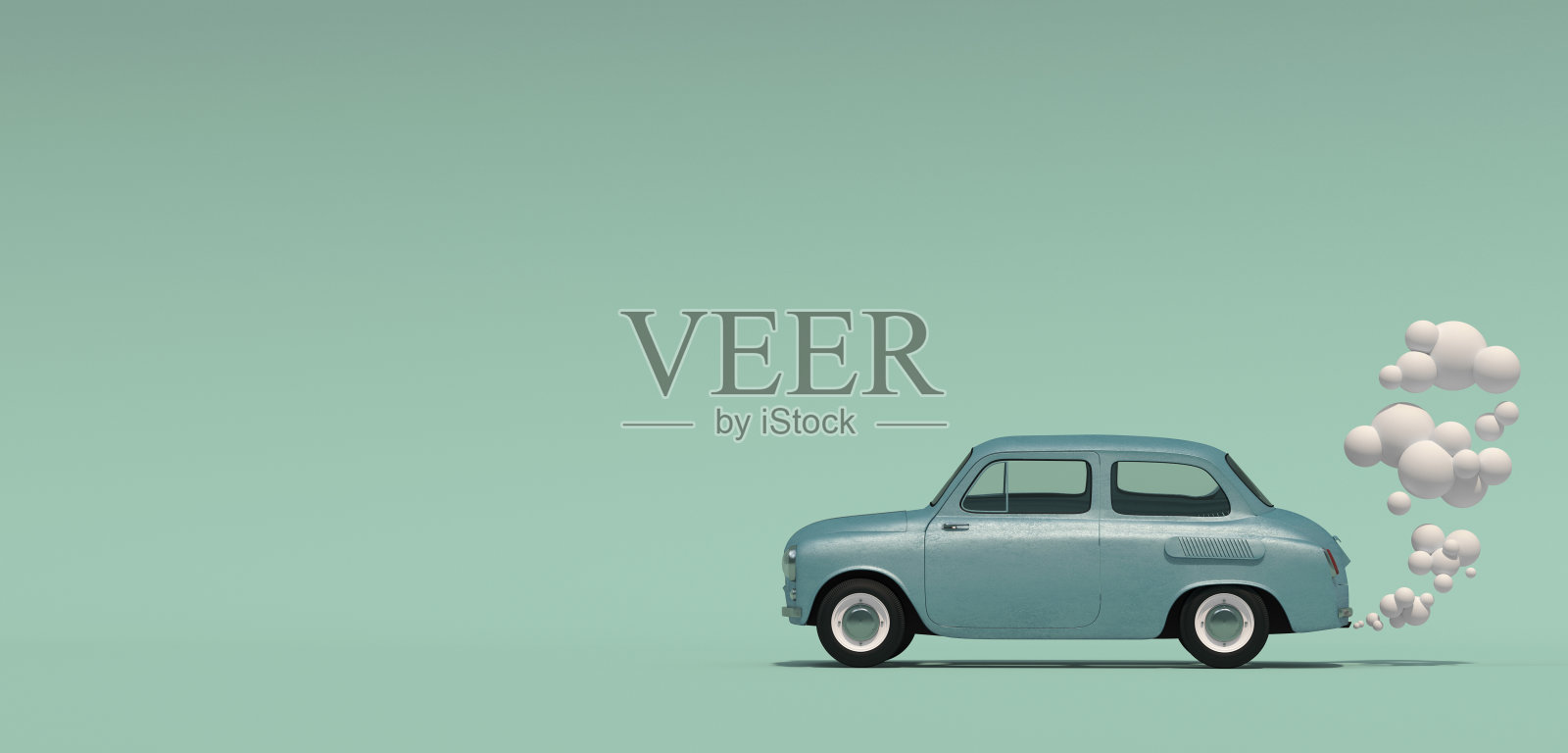 横幅与乘客蓝色复古汽车与废气在一个卡通风格。照片摄影图片