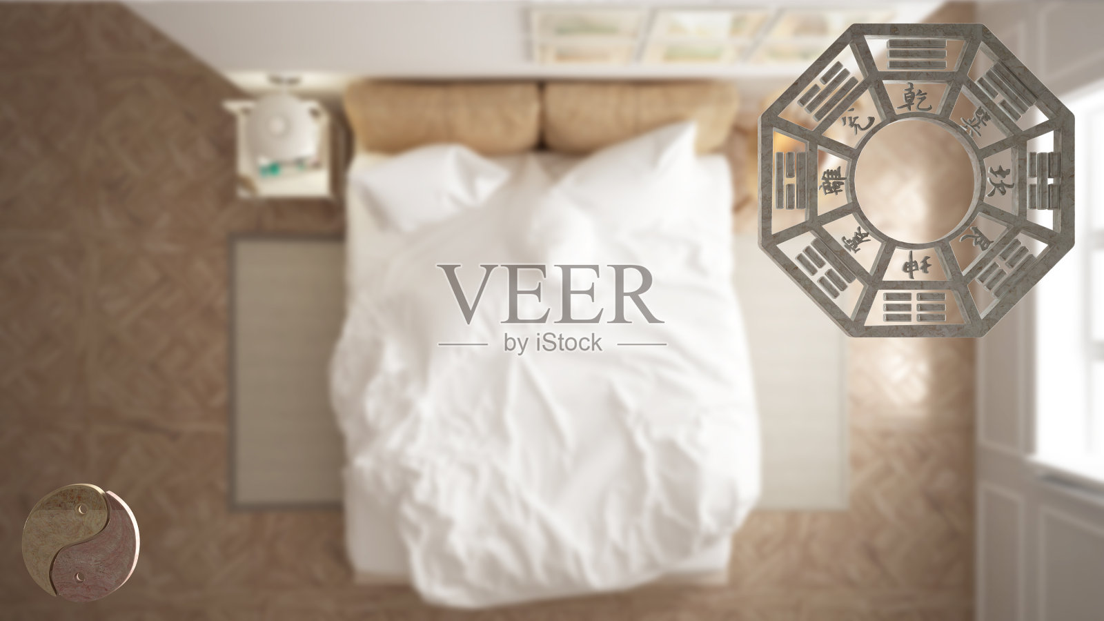 室内设计项目有风水咨询，卧室平面图，顶视图有八卦和道符号，阴阳极性，字母概念背景照片摄影图片
