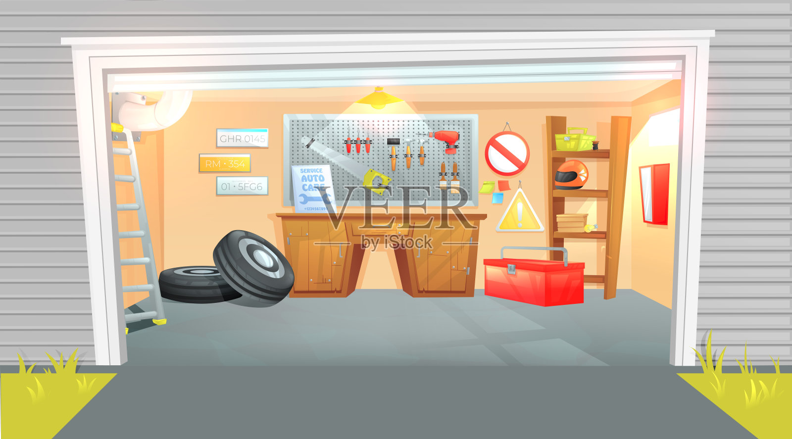 车库的内部。工作场所的主人对汽车修理与工作工具。卡通插图插画图片素材