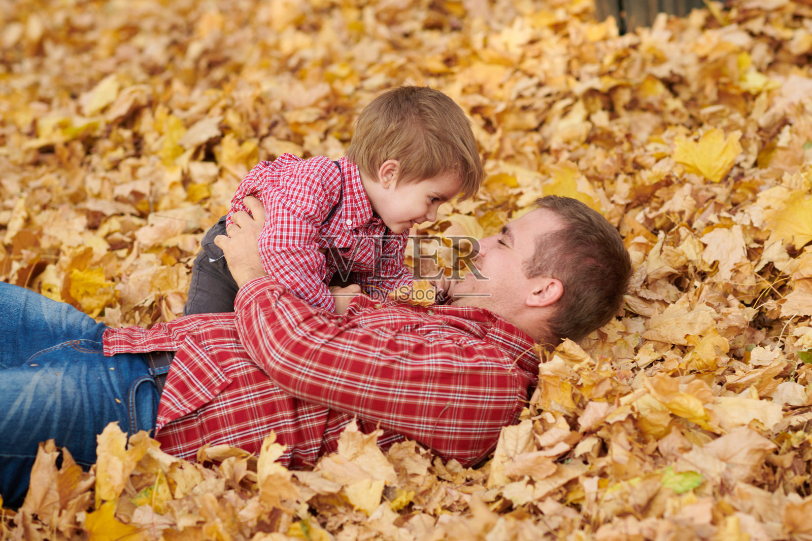 父子俩躺在黄叶上，在秋天的城市公园里玩耍。他们摆姿势，微笑，玩耍。亮黄色的树木。照片摄影图片