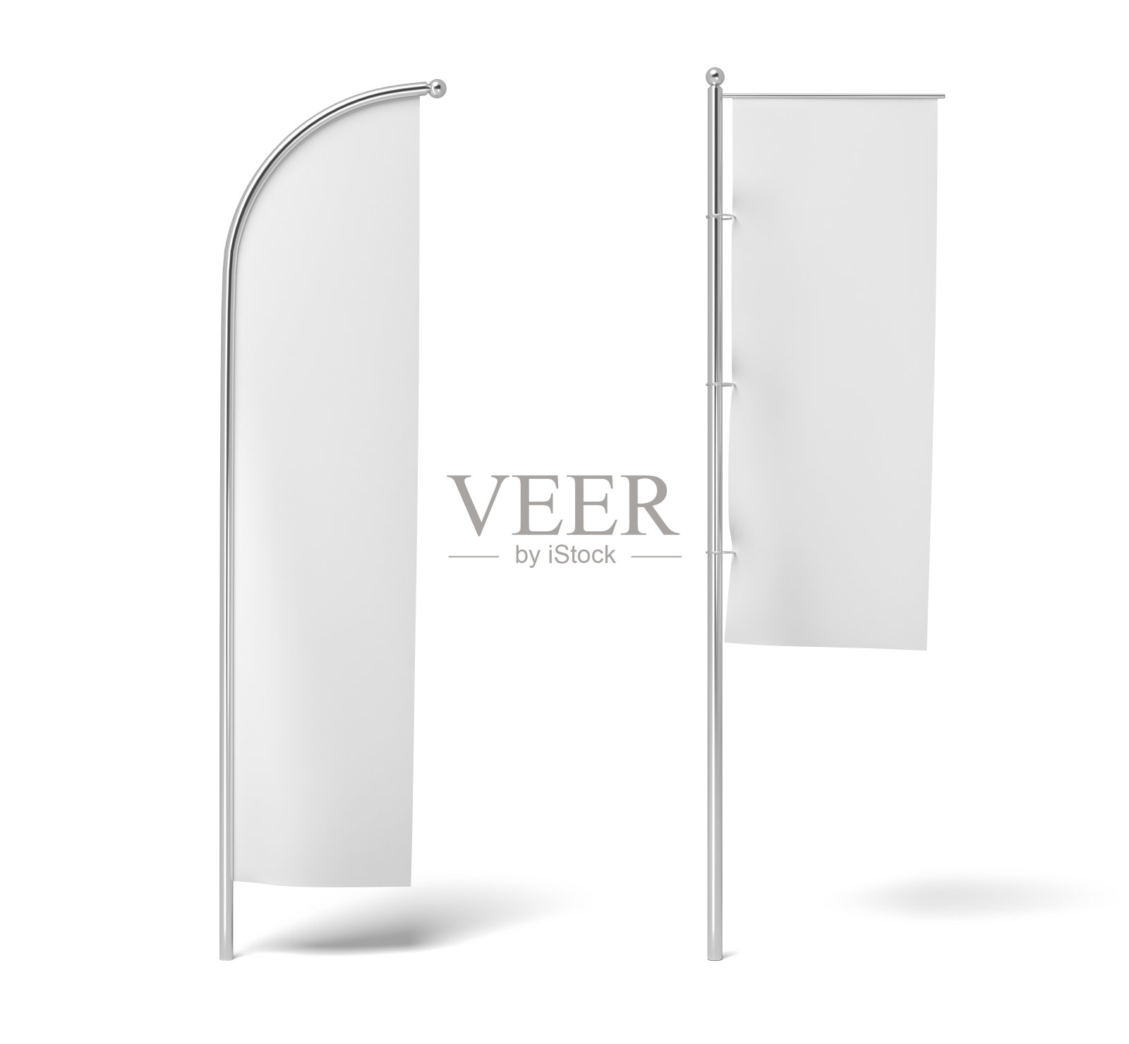 在白色背景上挂在柱子上的两个单色白旗的3d渲染。照片摄影图片