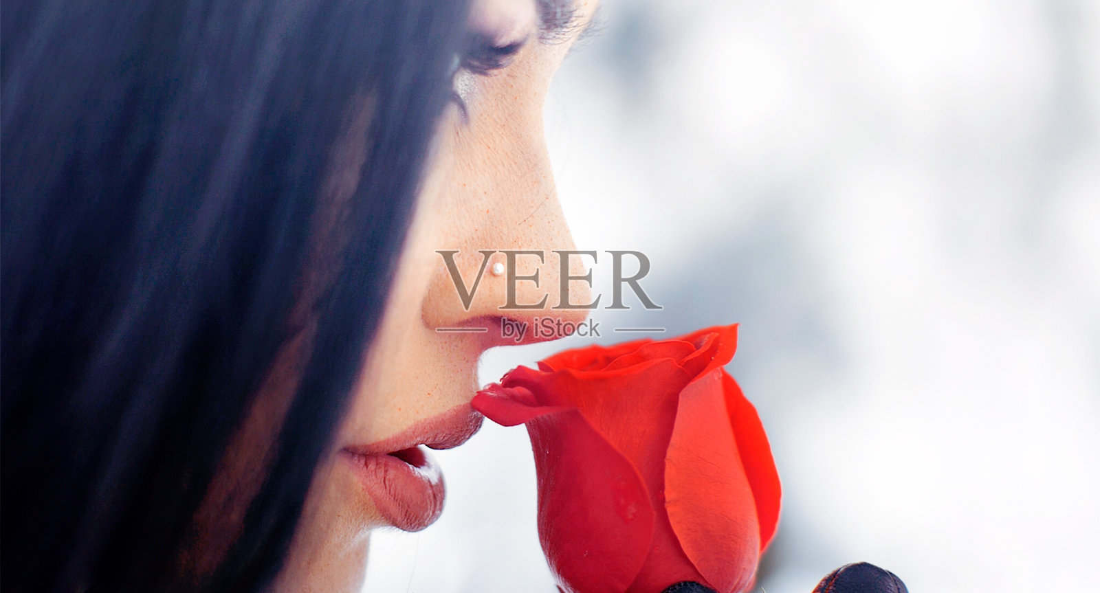 美女闻着红玫瑰花侧视照片摄影图片