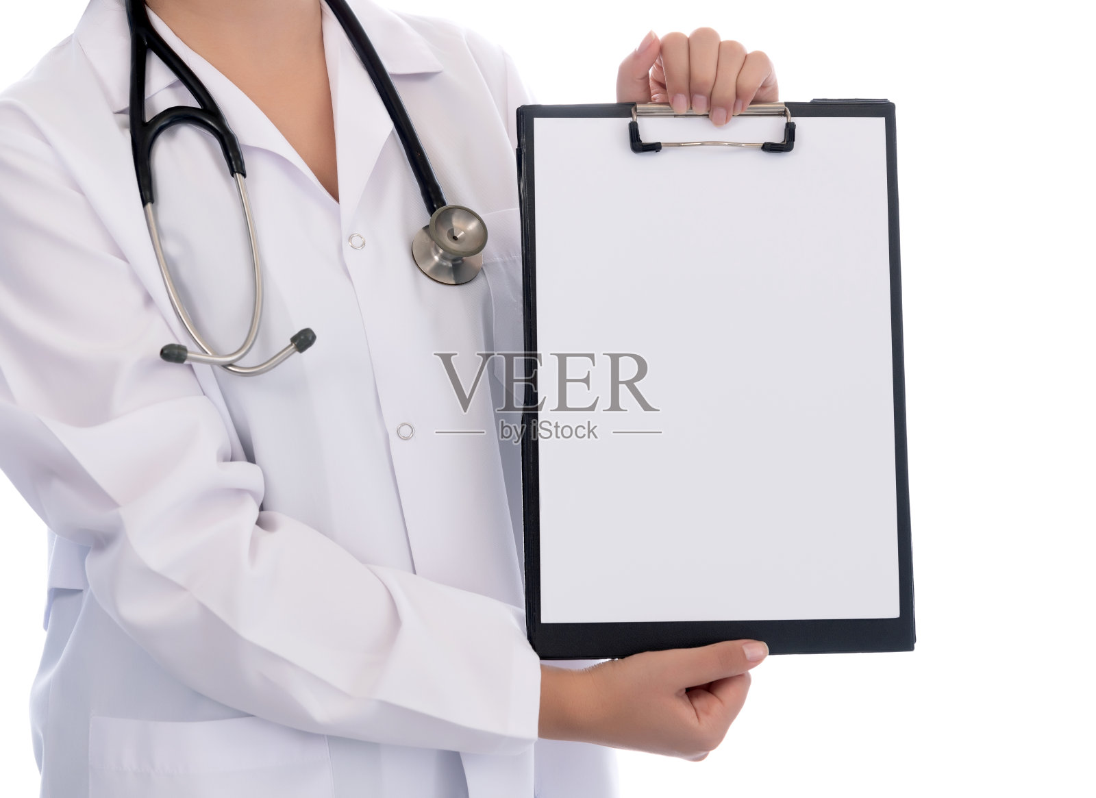 医生显示空白剪贴板孤立在白色照片摄影图片