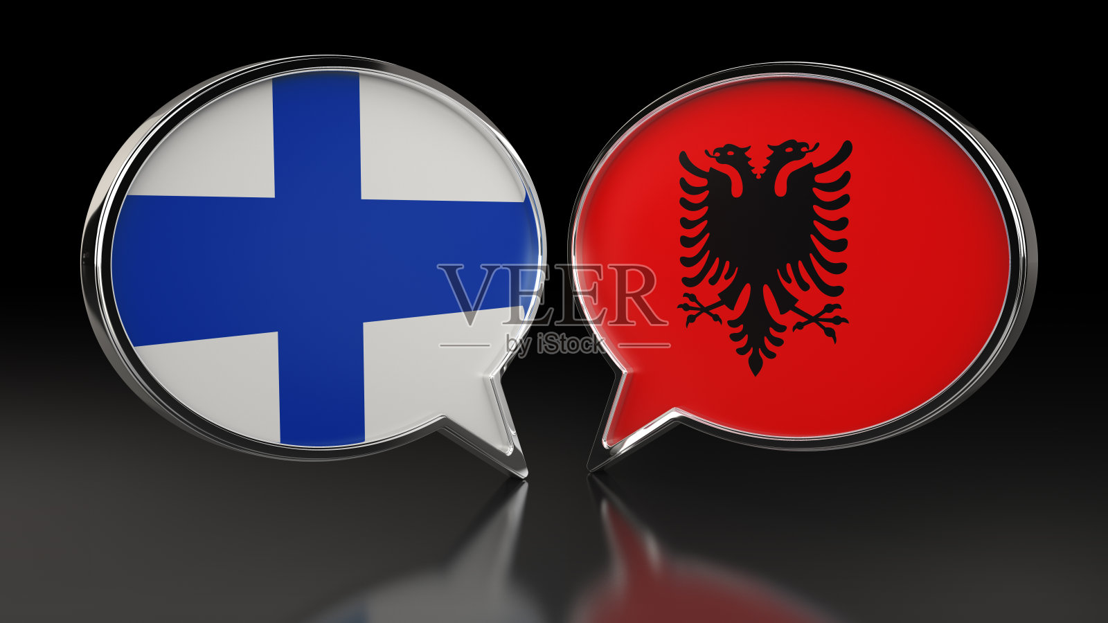 芬兰和阿尔巴尼亚国旗与语音泡泡。3D插图照片摄影图片