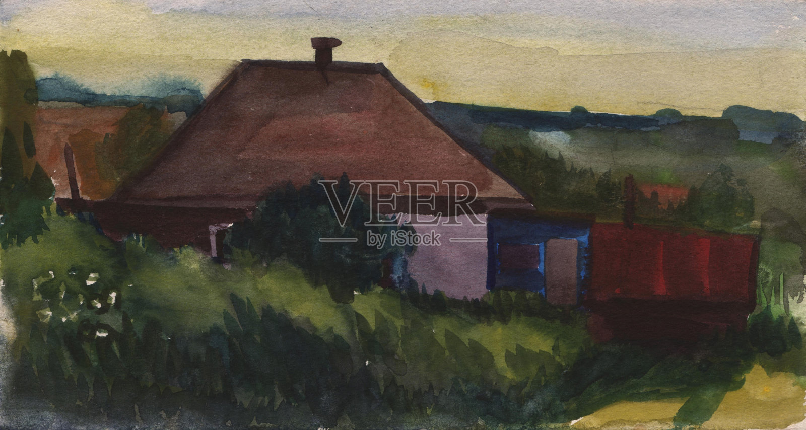 一幅被绿树环绕的乡村房子的水彩画。插画图片素材