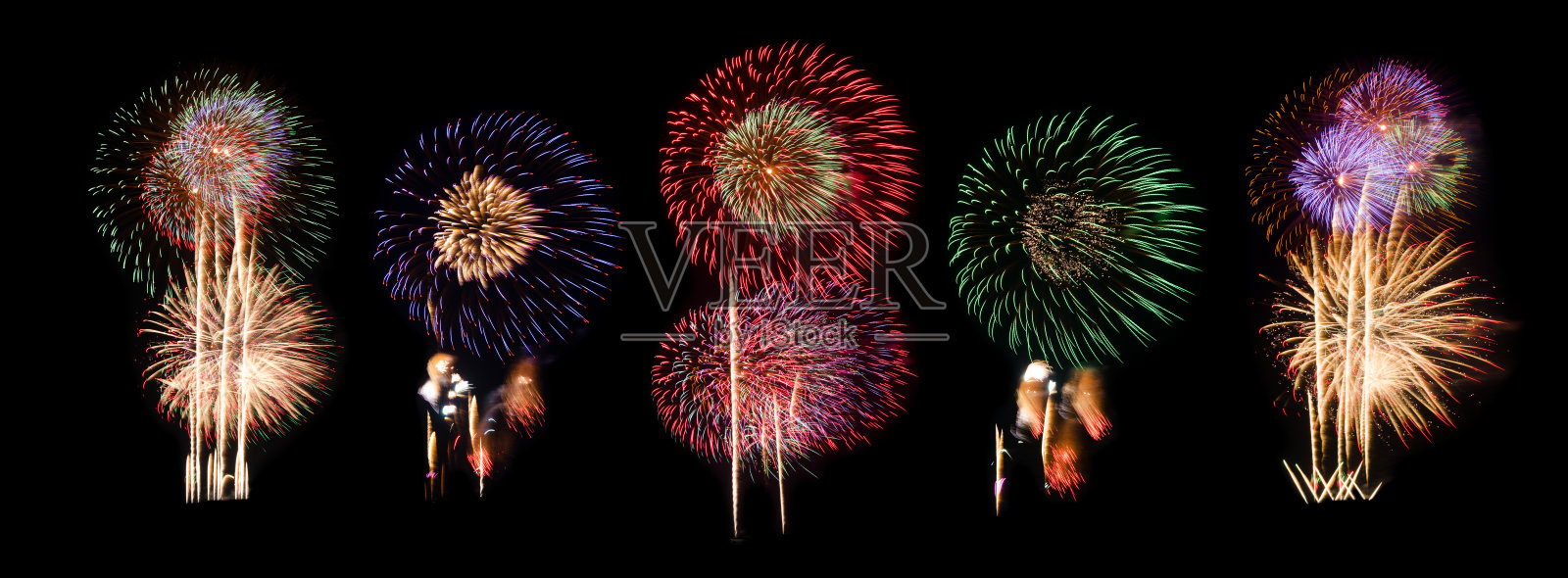 烟花拼贴孤立在黑色背景单独图形使用，美丽的烟花收集在黑暗的天空背景照片摄影图片