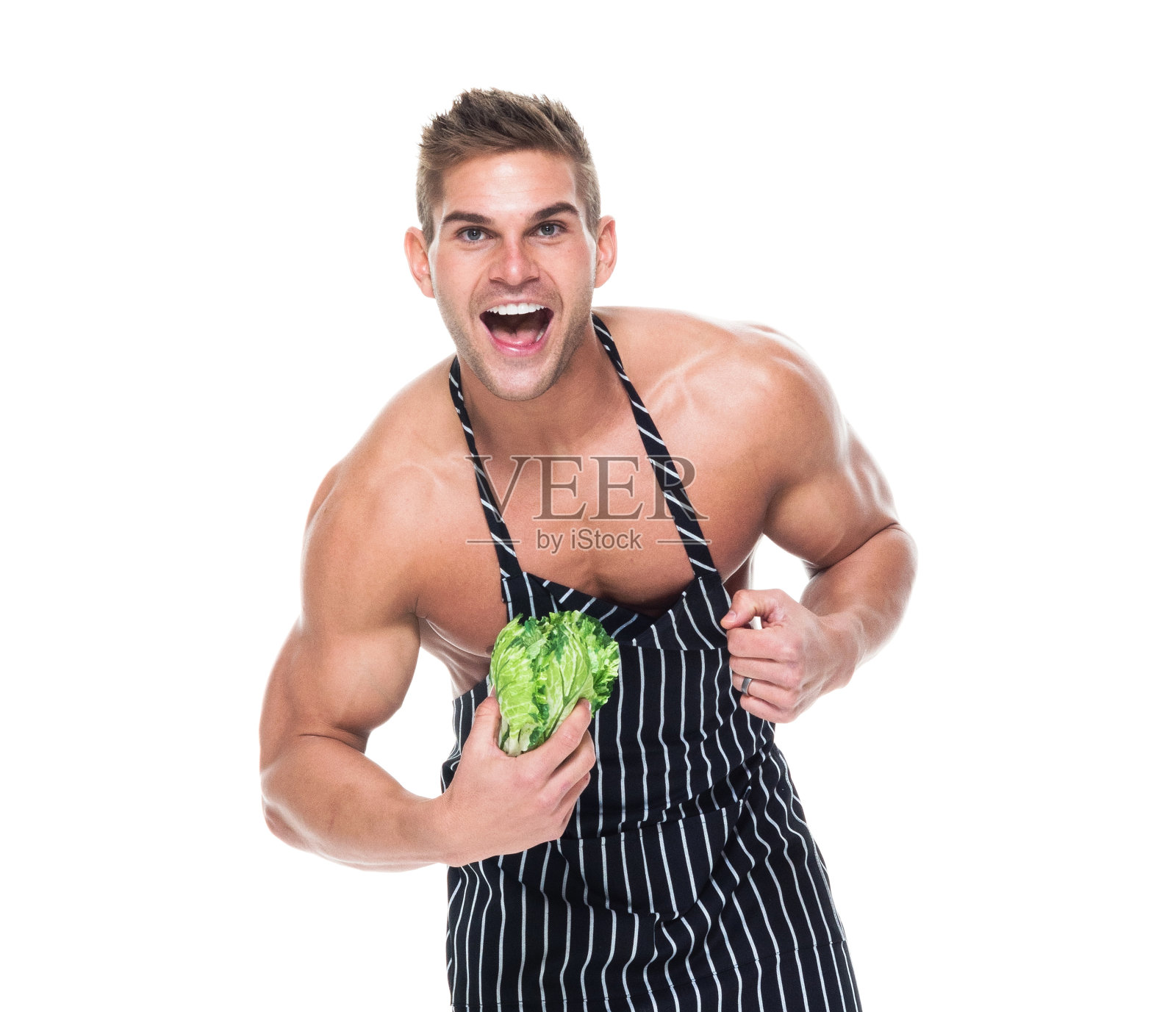 赤膊男厨师拿着蔬菜照片摄影图片