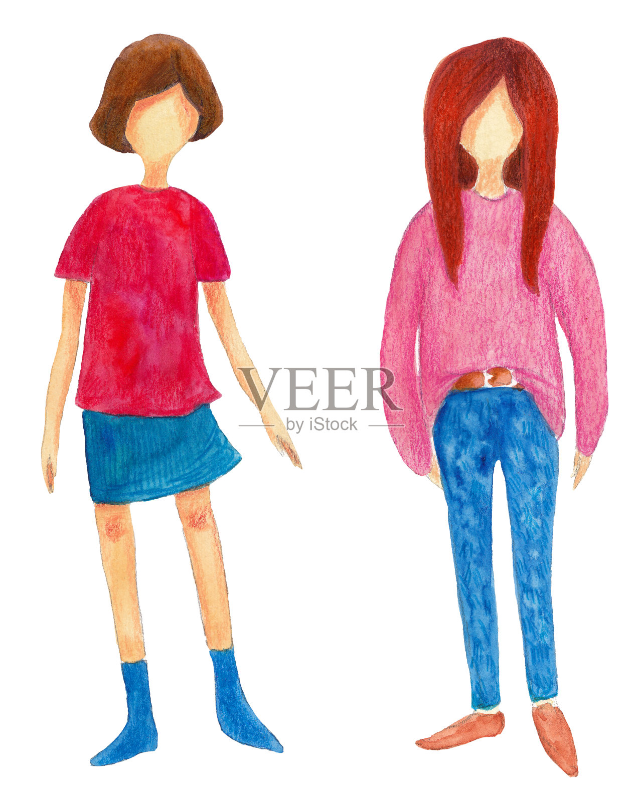 两个水彩画的时尚女孩穿着牛仔裤上一件白色的衣服插画图片素材