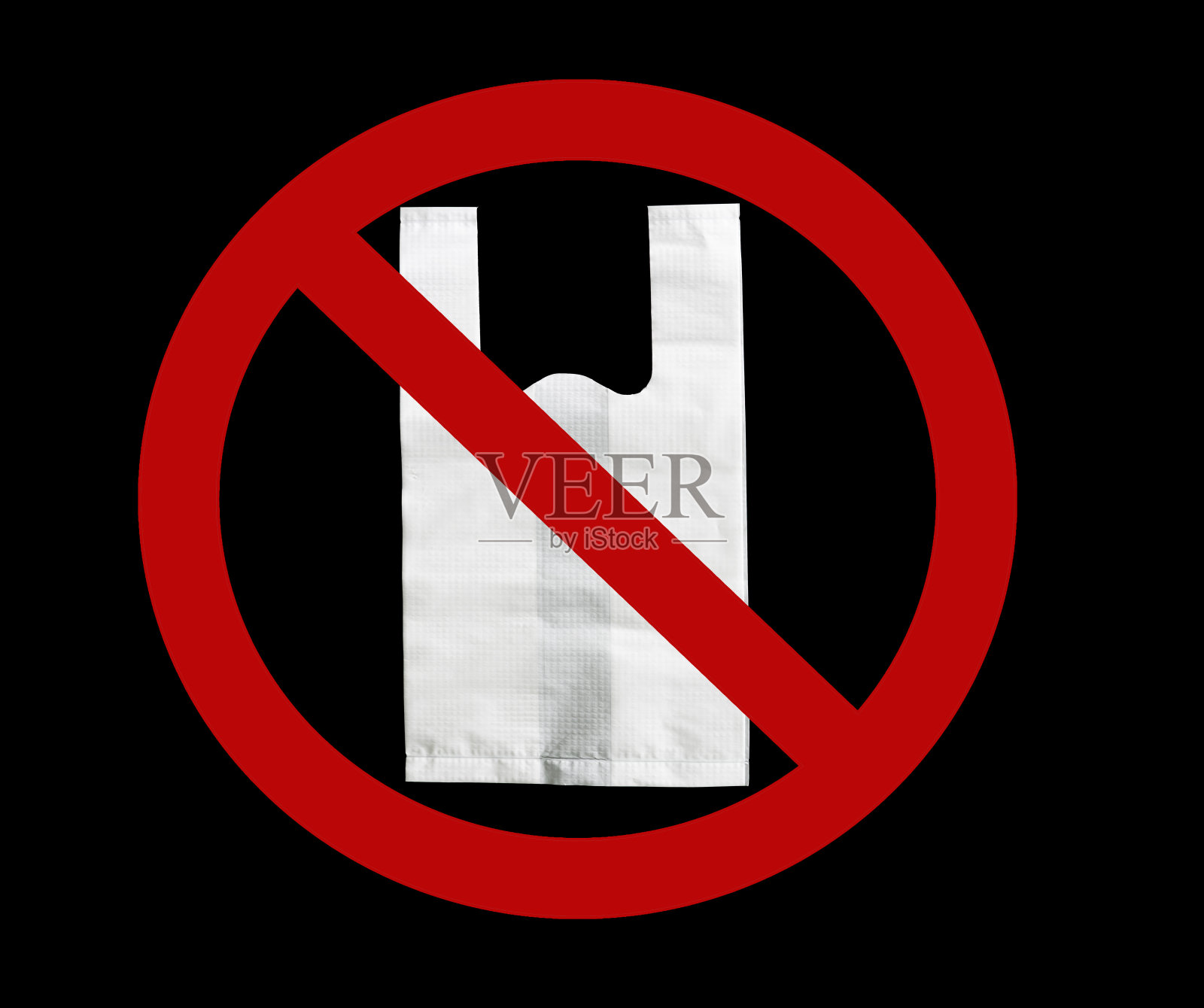 百货公司说不要用塑料袋。禁止使用塑料袋的活动。环境概念。来自塑料袋概念的环境污染。白色塑料袋，红色禁止标志，黑色背景。照片摄影图片