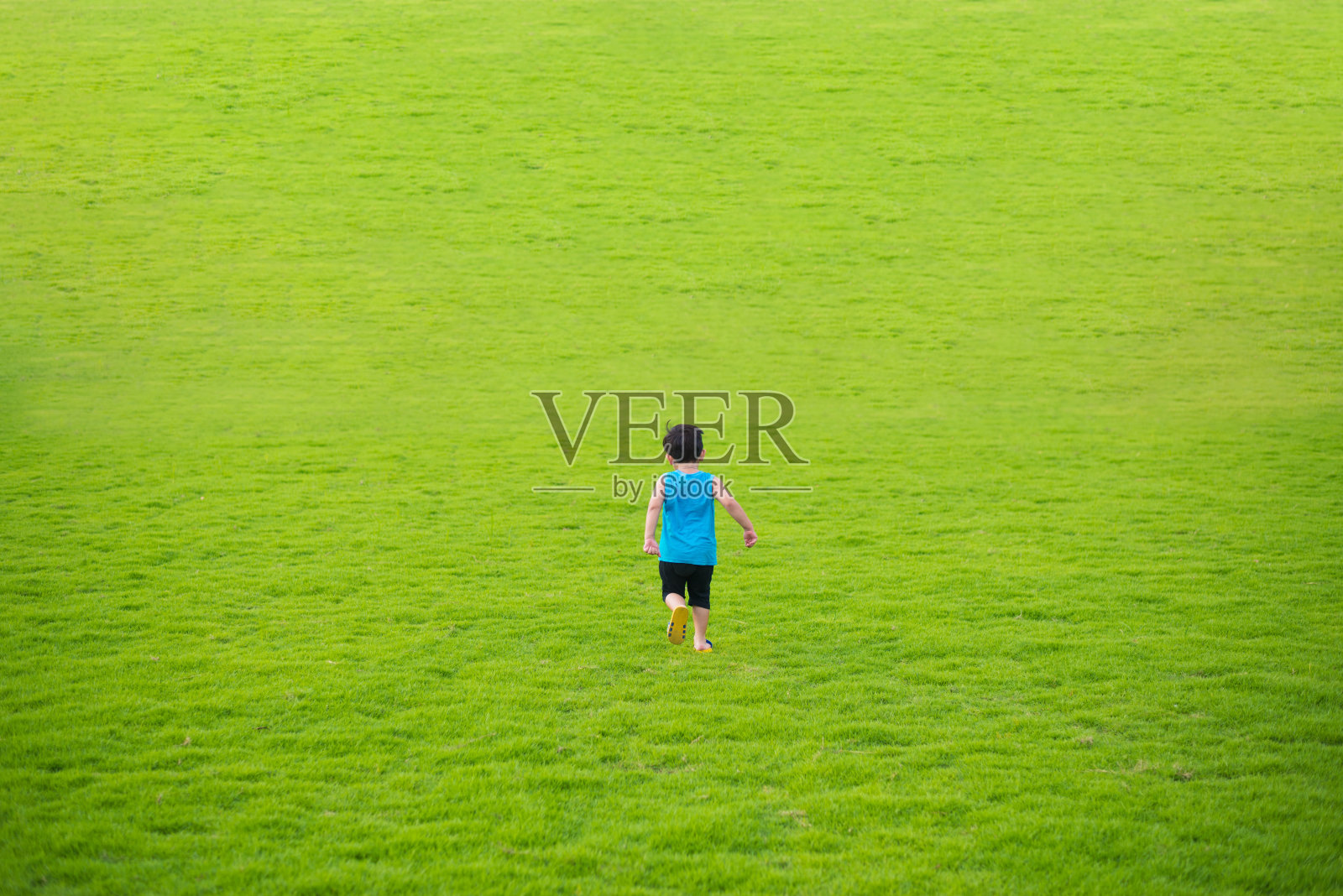 小男孩在夏日的大草地上向前跑着。照片摄影图片
