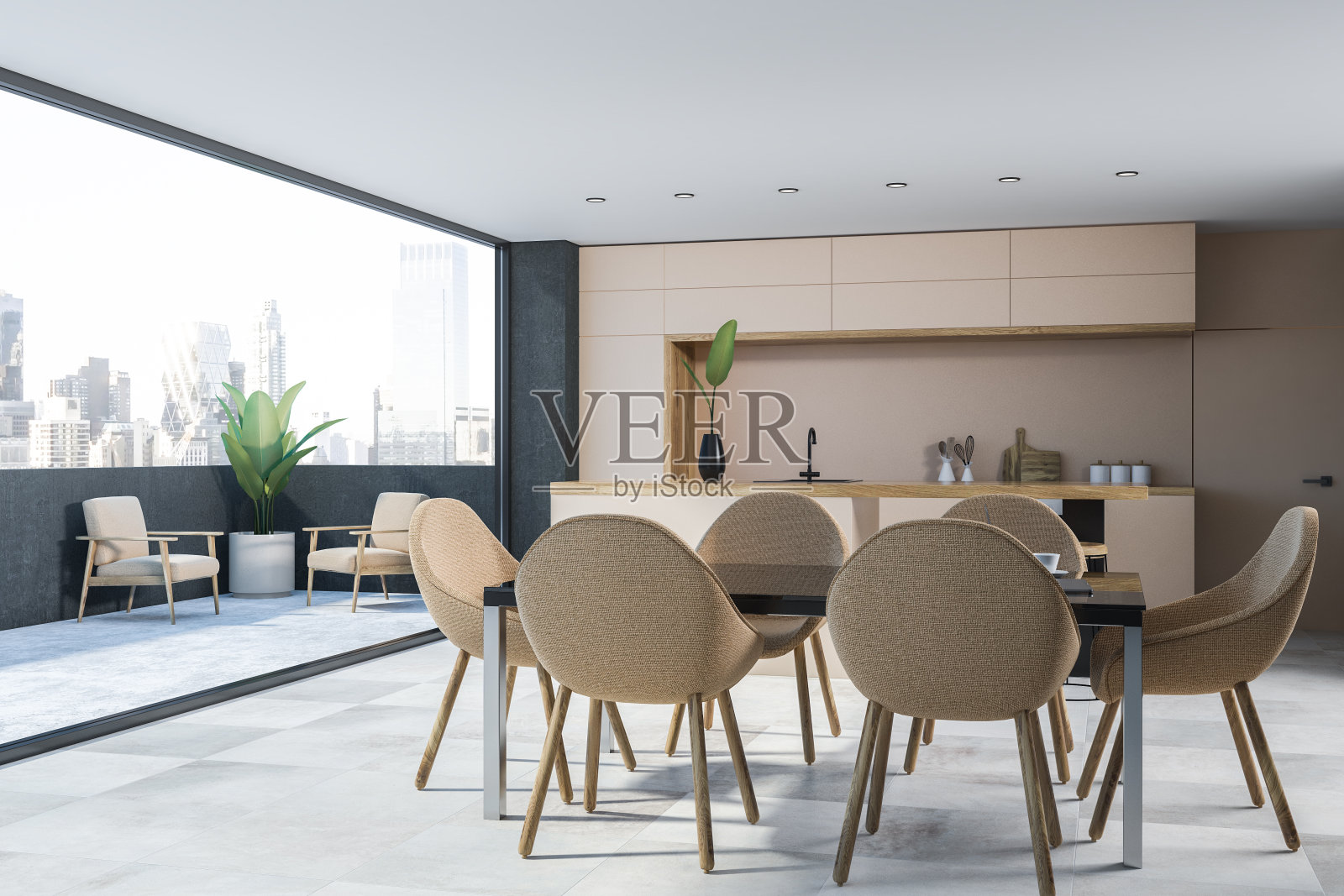 米色厨房和餐厅角落、餐桌照片摄影图片