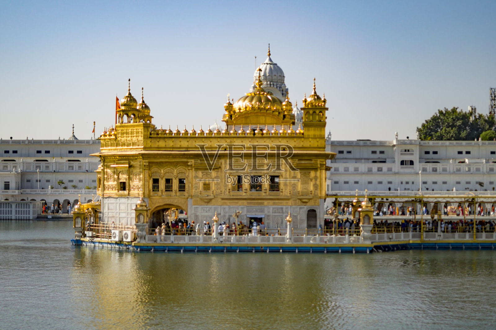 清澈的天空，金色的庙宇和它神圣的水池照片摄影图片