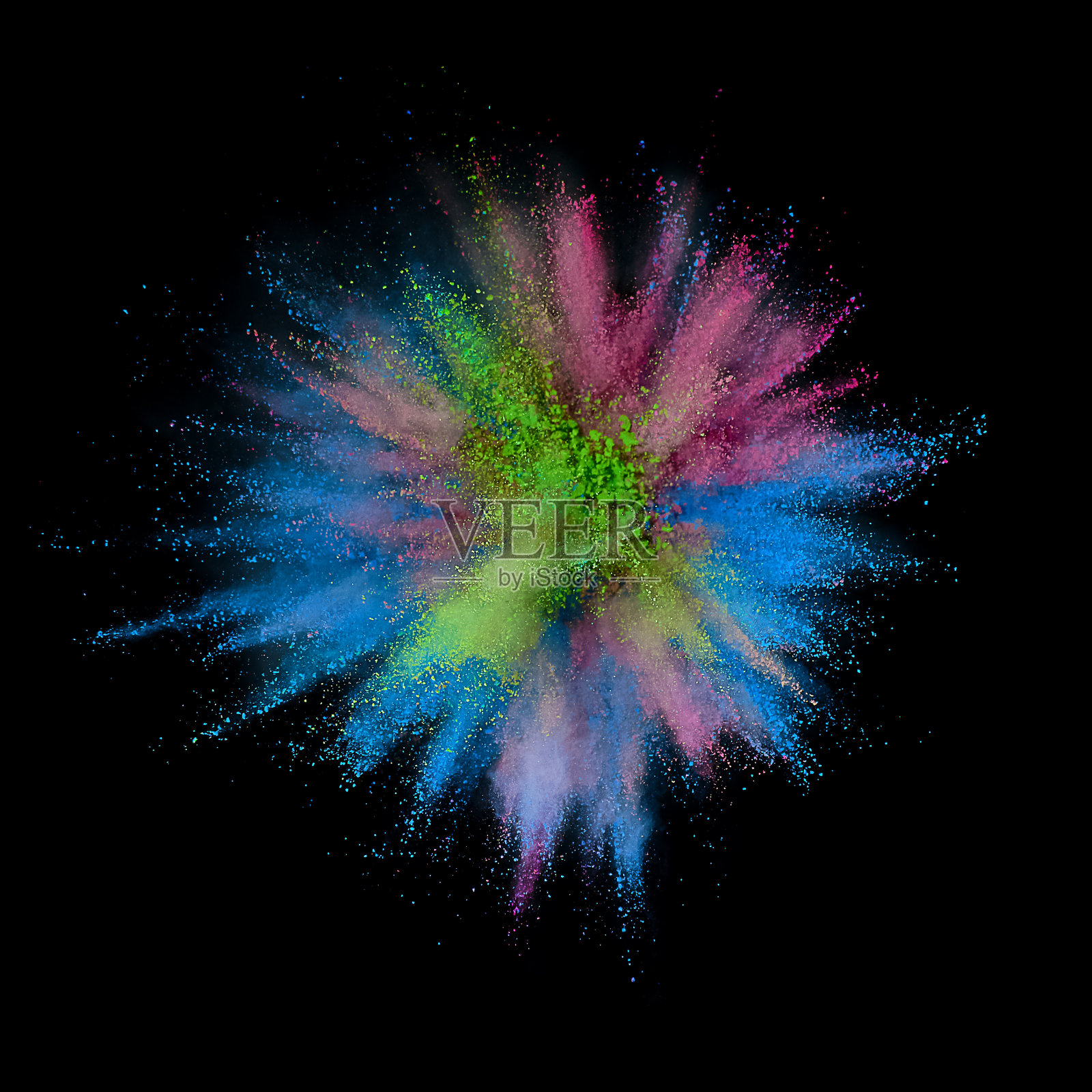 彩色粉末爆炸。抽象特写灰尘的背景。色彩斑斓的爆炸。油漆胡里节照片摄影图片