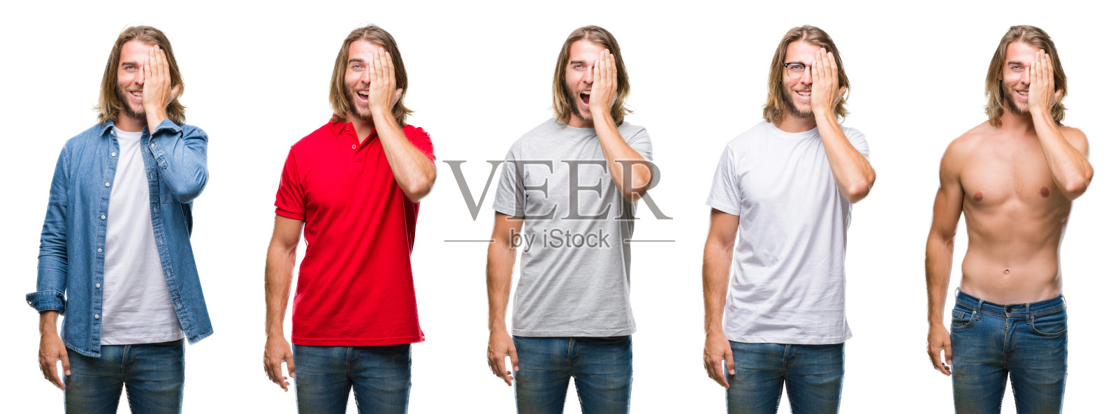 拼贴帅气的年轻人穿着随意的看在白色孤立的背景覆盖一只眼睛与手在脸上自信的微笑和惊讶的情绪。照片摄影图片