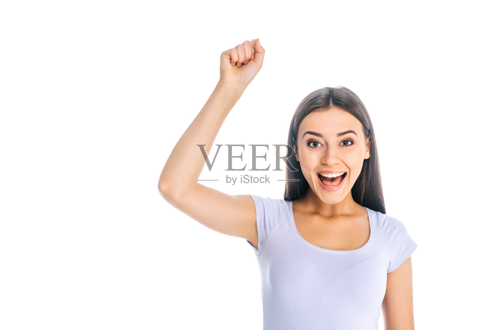 兴奋的女人的肖像与手向上看相机孤立在白色照片摄影图片