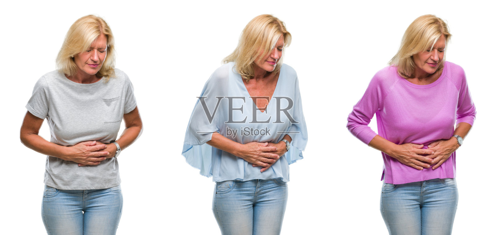 美丽的中年金发女人的拼贴白色孤立的背景与手对胃，因为消化不良，痛苦的疾病感觉不舒服。疼痛的概念。照片摄影图片