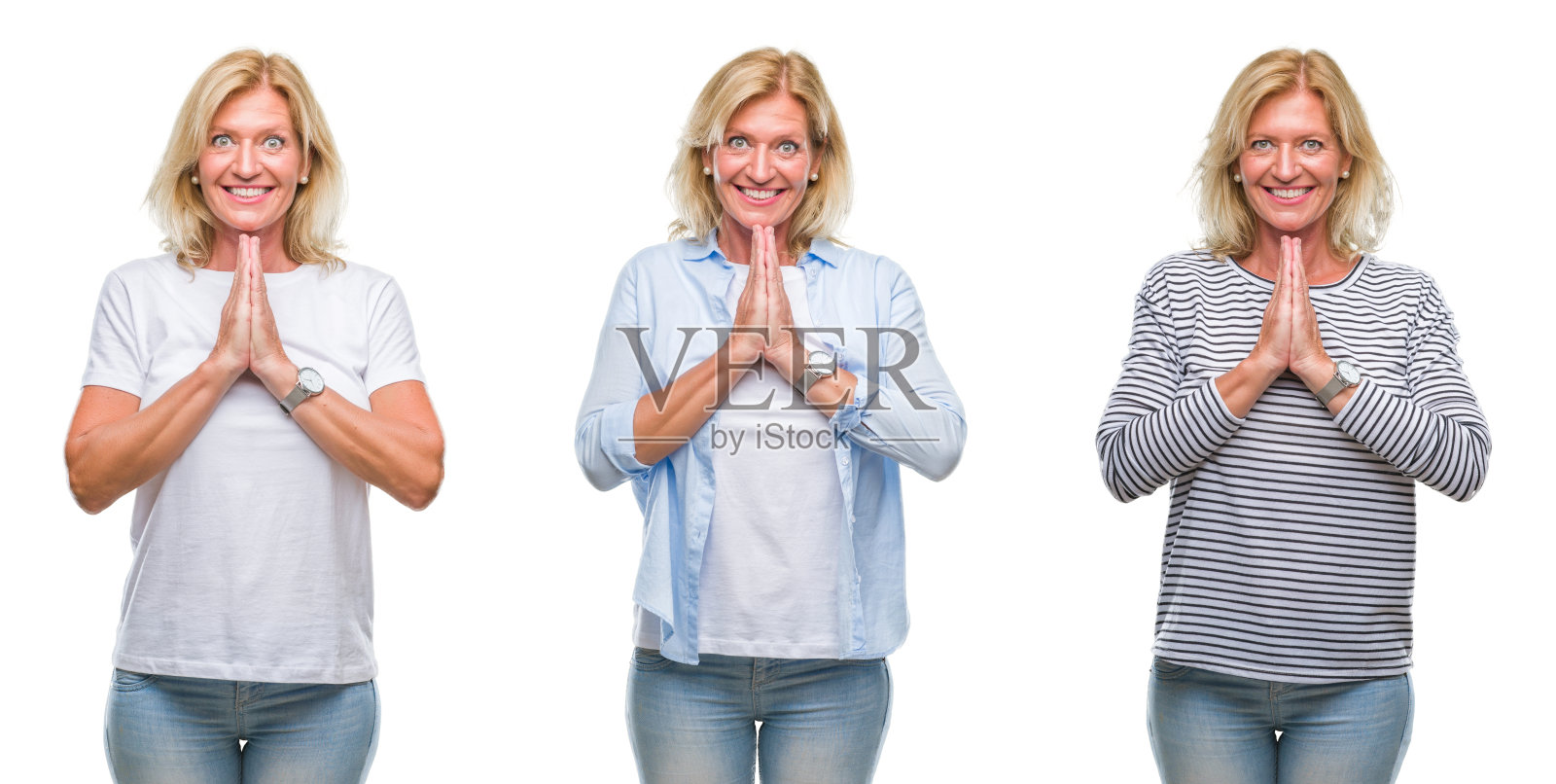 美丽的中年金发女人的拼贴在白色孤立的背景祈祷与手一起请求宽恕微笑自信。照片摄影图片