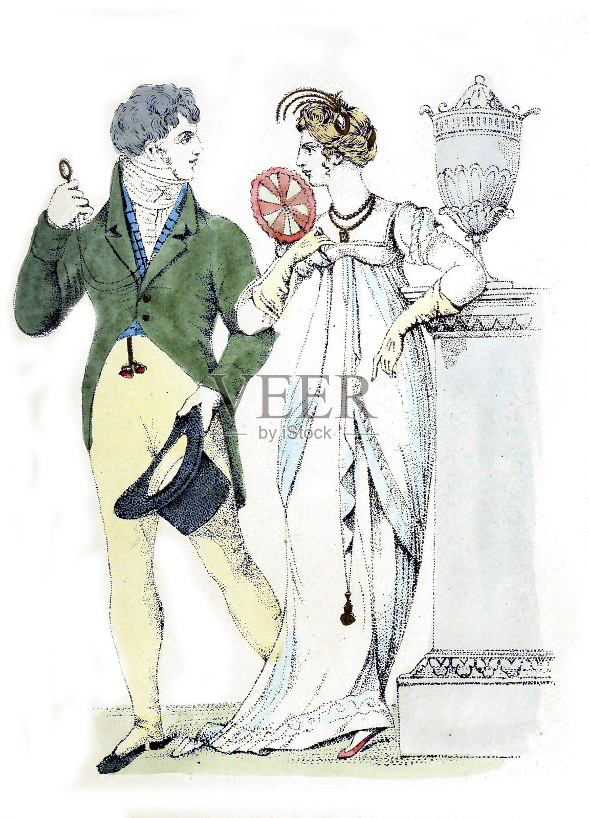 男男女女穿着旧式服装插画图片素材