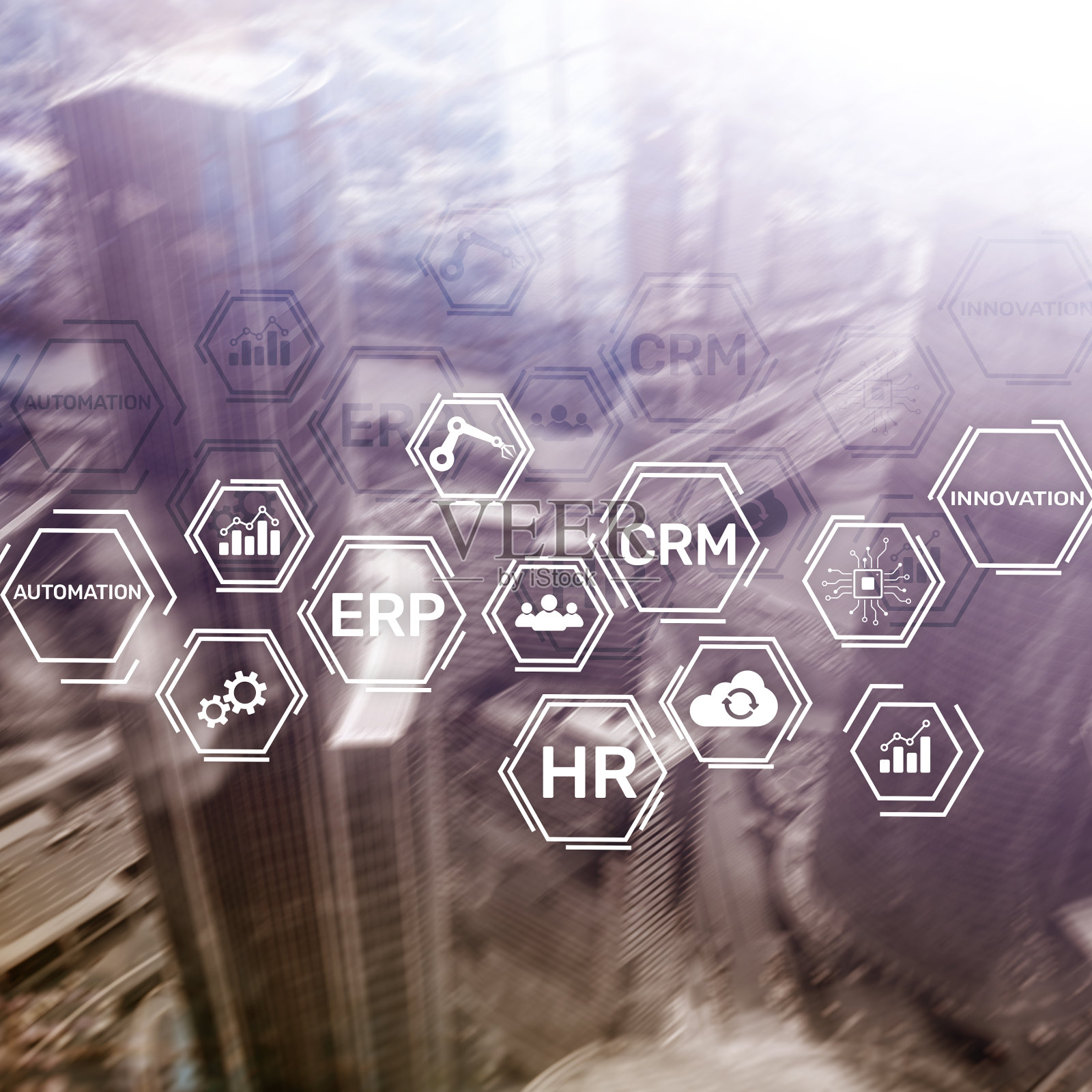 ERP，模糊背景下的企业创新理念。照片摄影图片