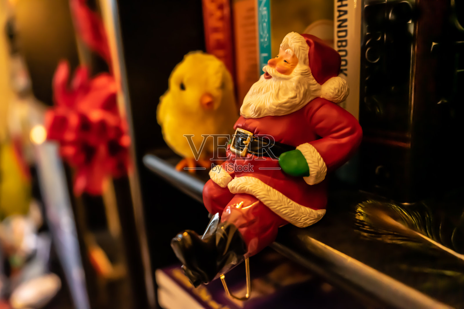 圣诞老人和一个小鸡在书架上过圣诞节照片摄影图片