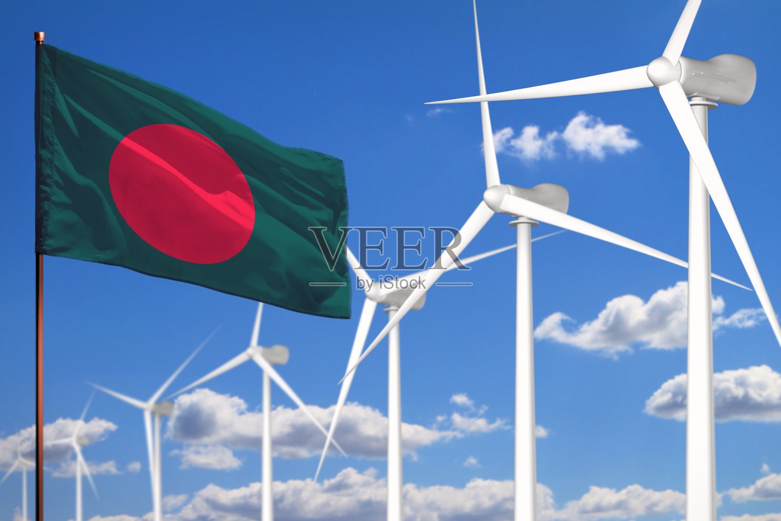 孟加拉国替代能源，风能工业概念与风车和旗帜工业插图-可再生替代能源，3D插图照片摄影图片