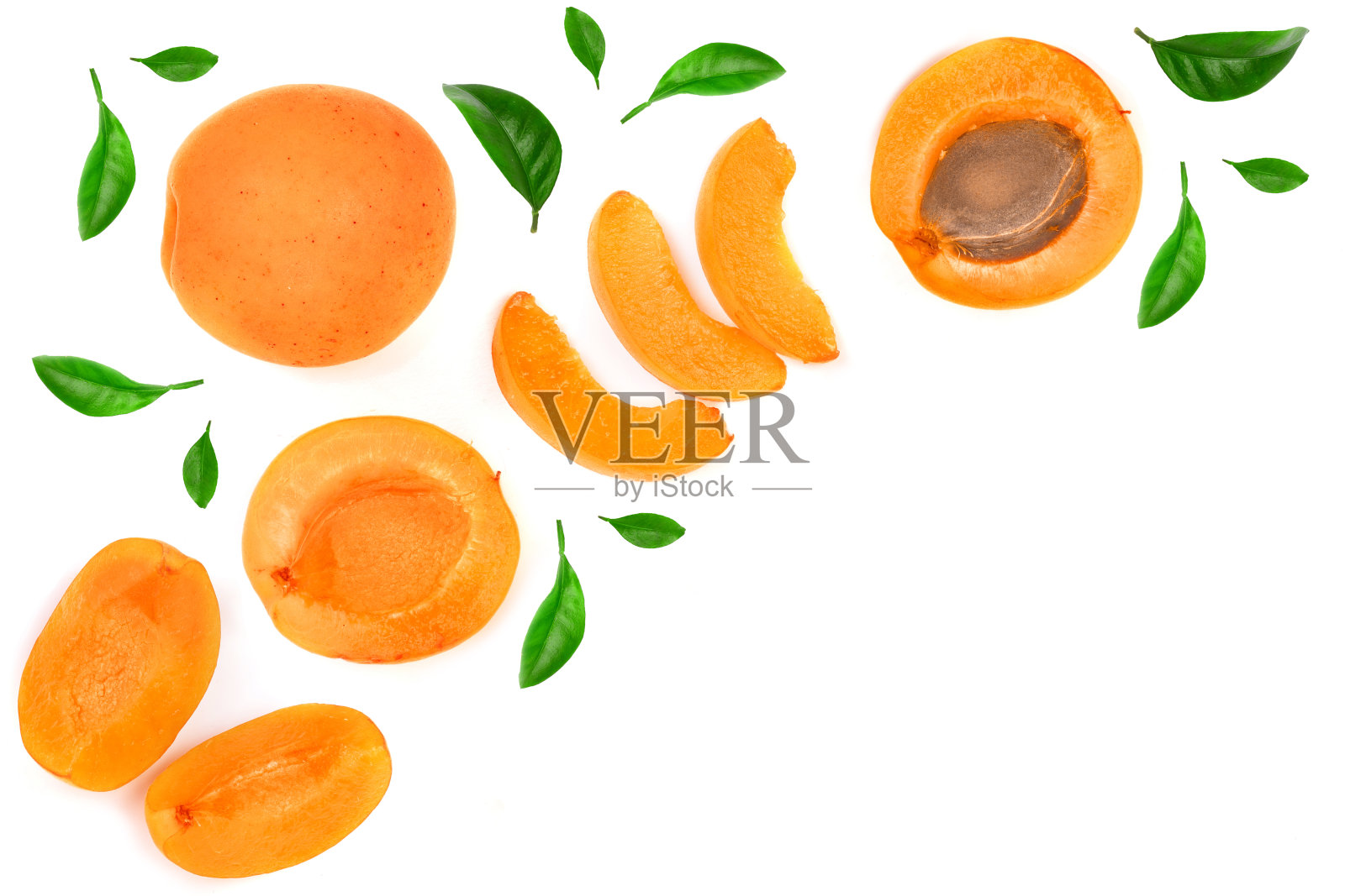 杏子果实，叶子孤立在白色背景上。前视图。平躺模式照片摄影图片