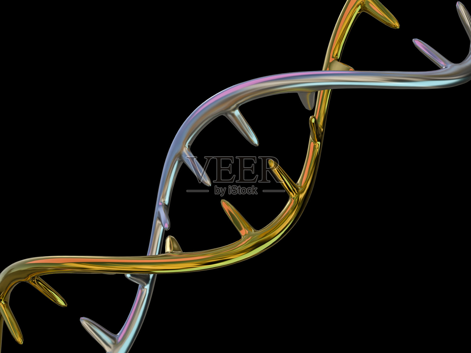 DNA分子位于黑色背景的前面。抽象拼贴画。3 d照片摄影图片