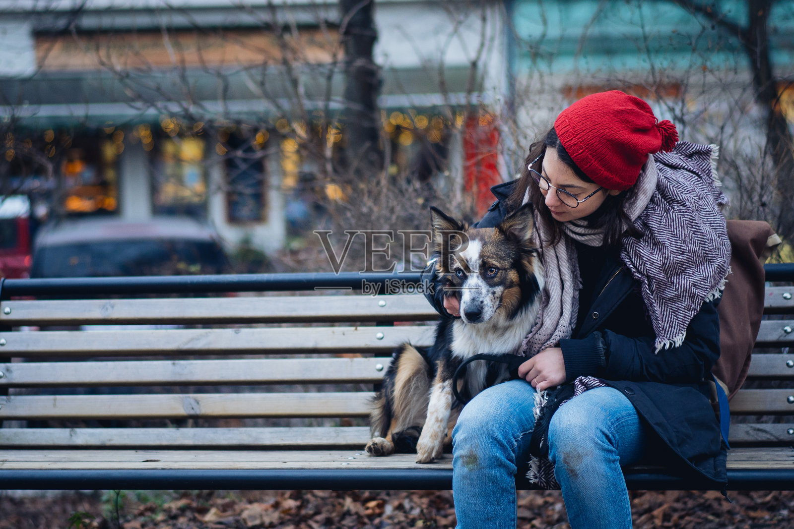 一个女人和一只狗坐在长椅上照片摄影图片