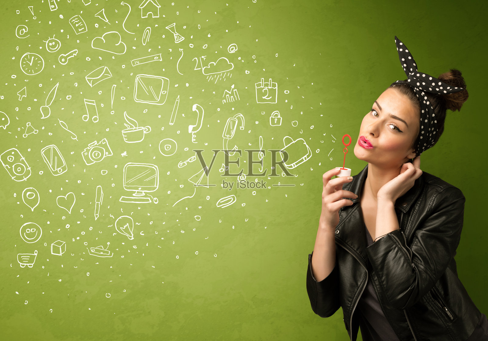 可爱的女孩吹手绘媒体图标和符号照片摄影图片