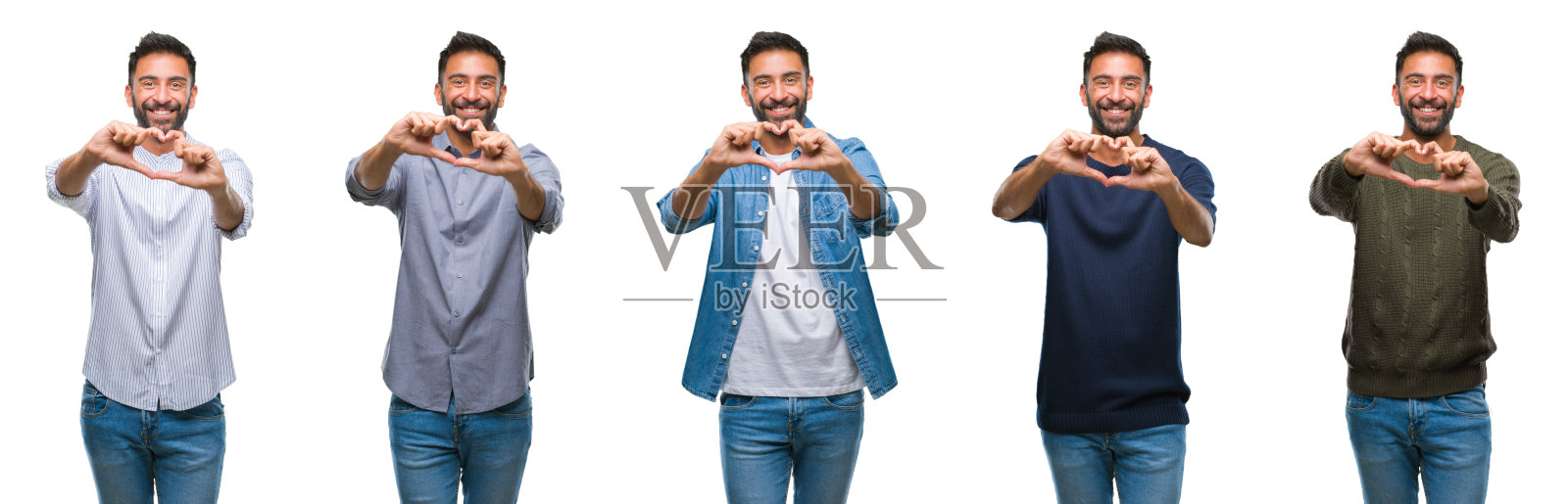 拼贴的年轻人穿着休闲看在白色孤立的背景微笑在爱显示心形符号和形状的手。浪漫的概念。照片摄影图片