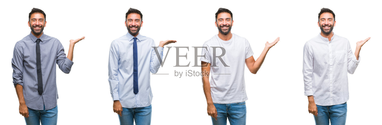 年轻男子穿着随意的拼贴在白色孤立的背景上微笑着，用手掌看着镜头。照片摄影图片