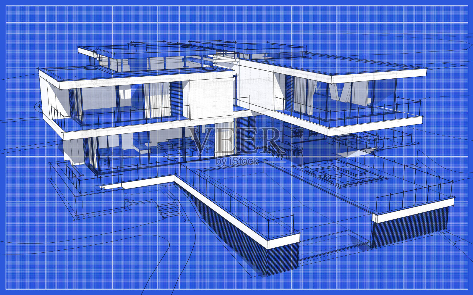 现代舒适住宅的三维效果图。图纸背景上有白点的黑线草图。照片摄影图片