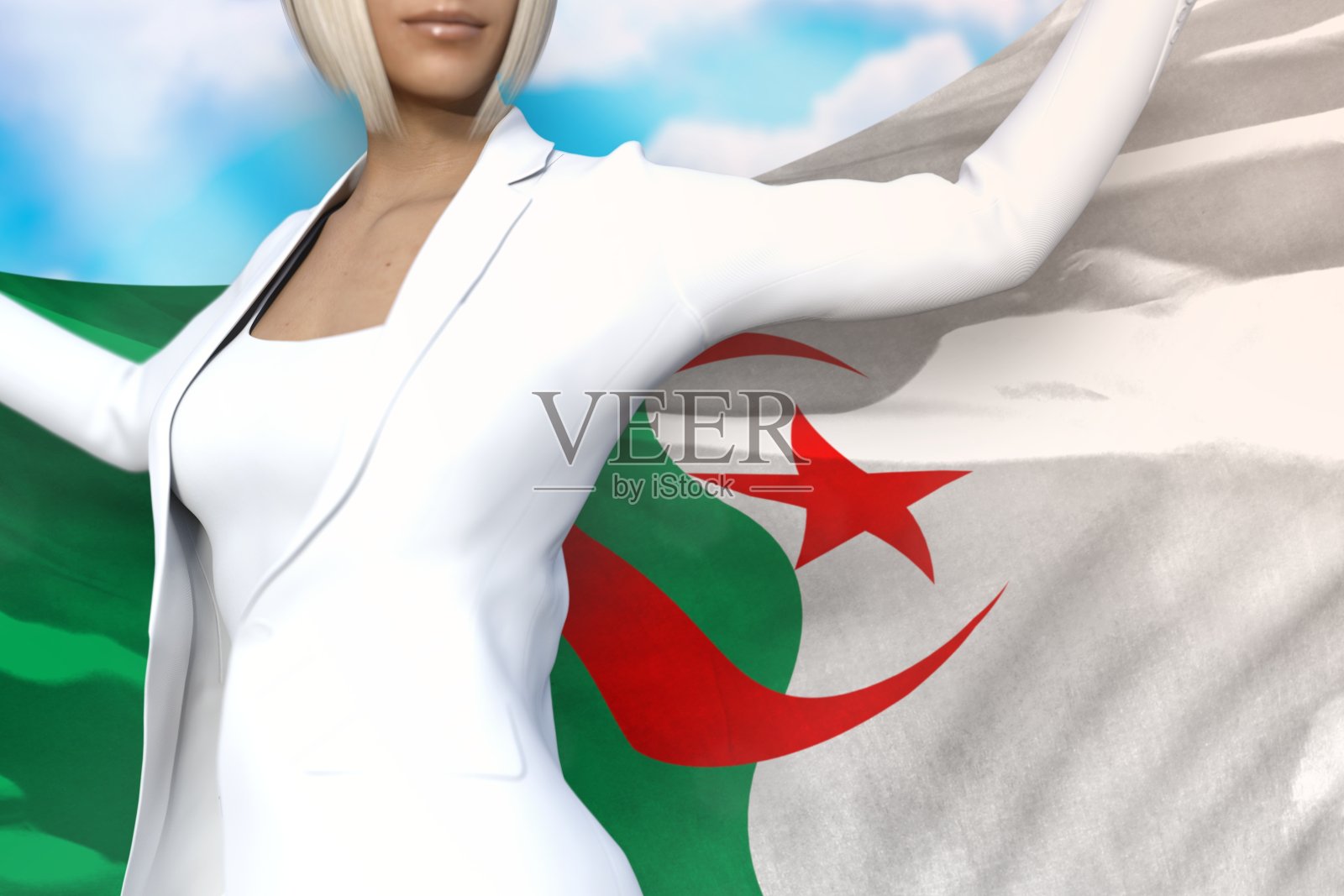可爱的商业女士手持阿尔及利亚国旗在她背后的蓝天背景-国旗的概念3d插图照片摄影图片
