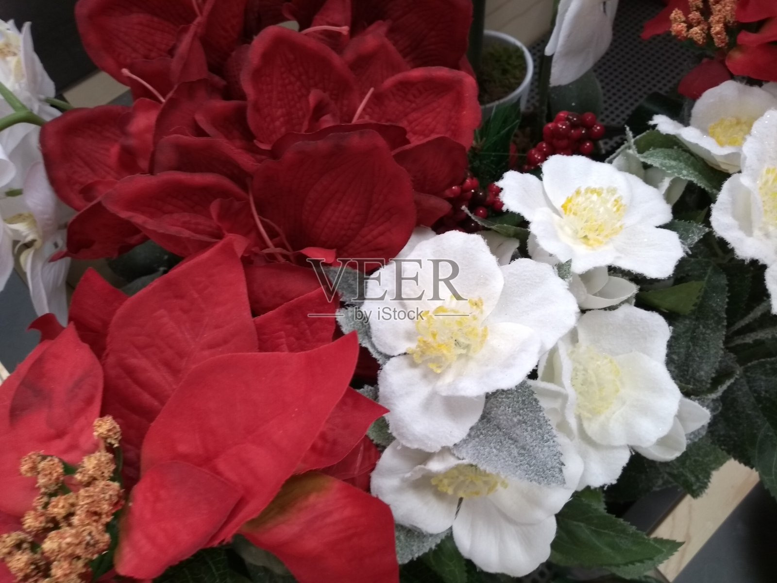 圣诞田园诗般的红、白、绿鲜花花束排列照片摄影图片