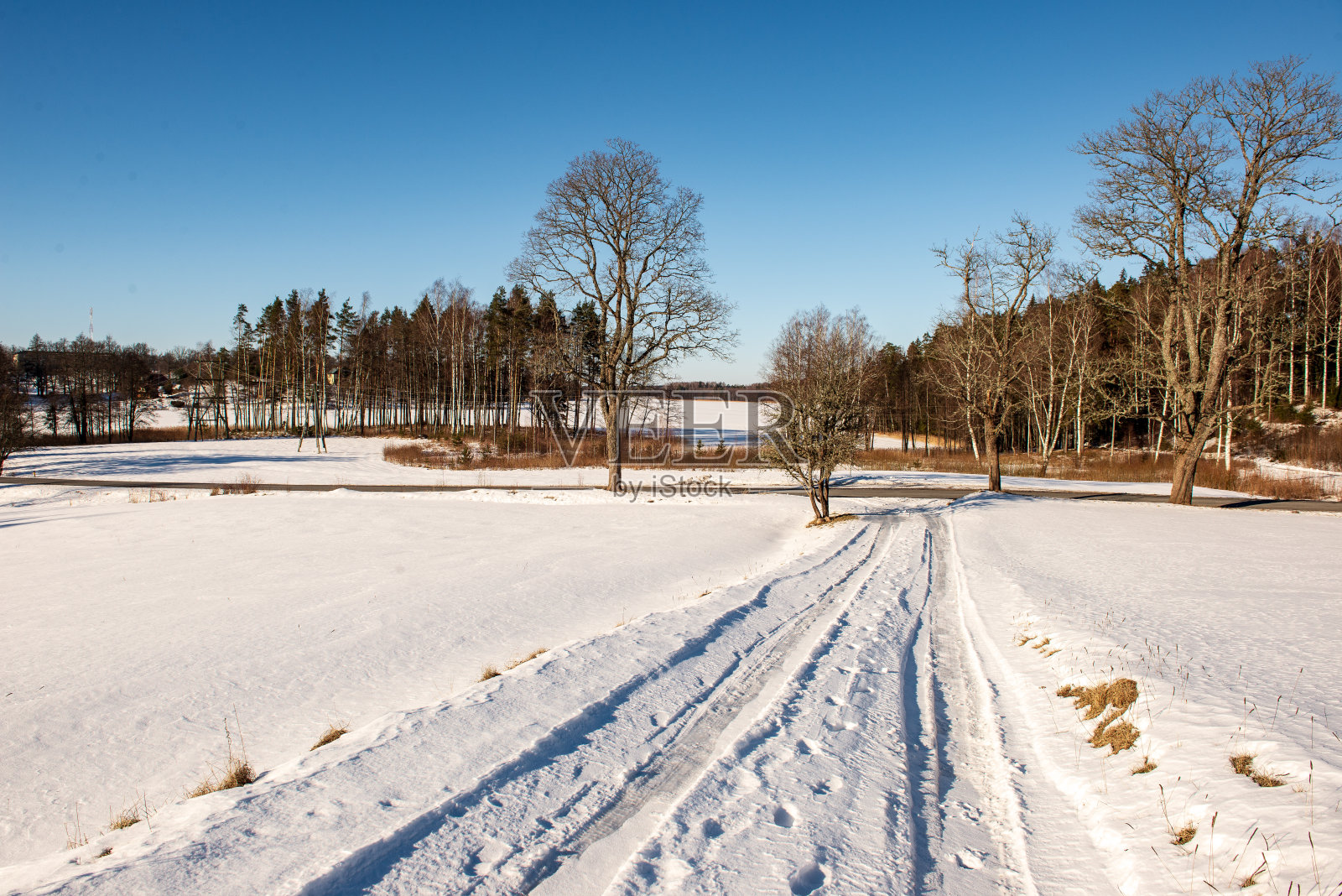 积雪覆盖了冬季的道路，留下了轮胎的痕迹照片摄影图片