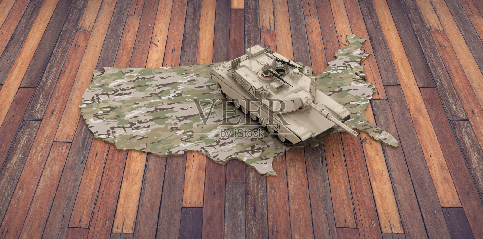 木地板上的美国地图与装甲坦克- 3D渲染照片摄影图片