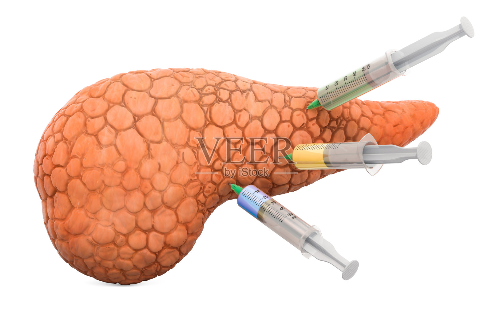 治疗胰腺疾病的概念，在白色背景上分离的三维渲染照片摄影图片
