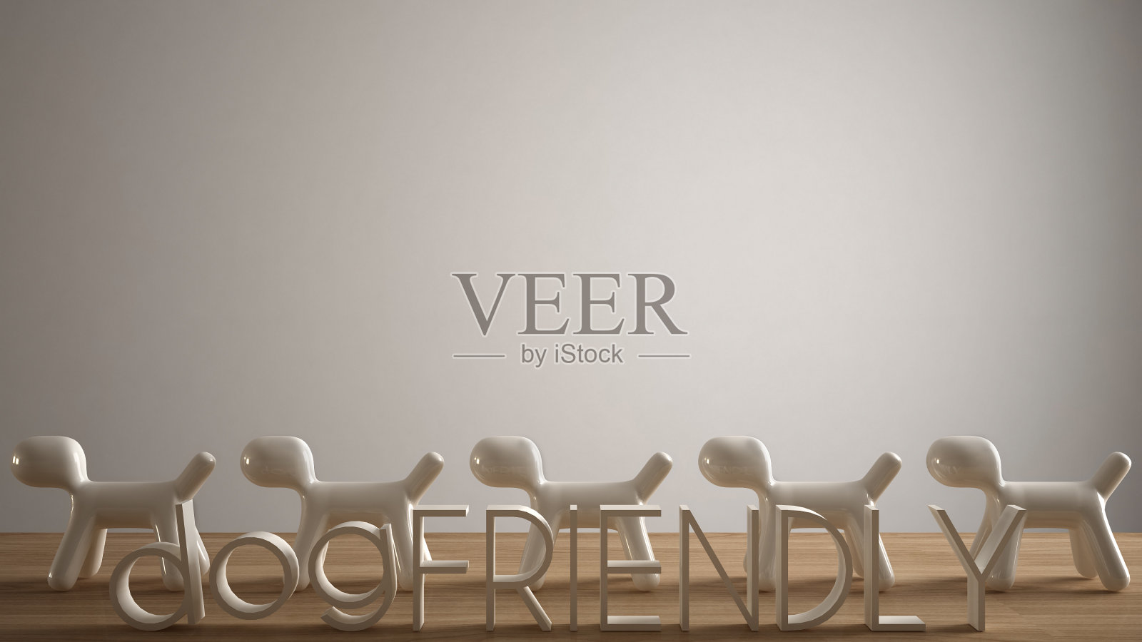 空的室内设计概念，木制的桌子或架子与线条五只狗的风格，狗友好的概念，爱动物，动物或狗证明家，白色空白的建筑背景照片摄影图片