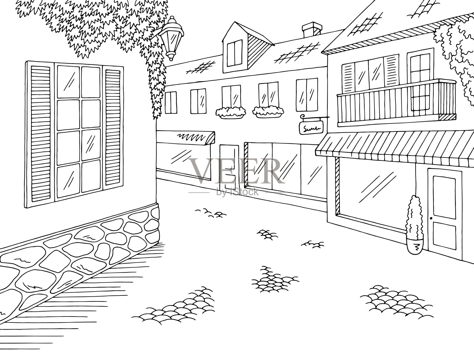 老街道路图形黑白城市景观素描插图矢量插画图片素材