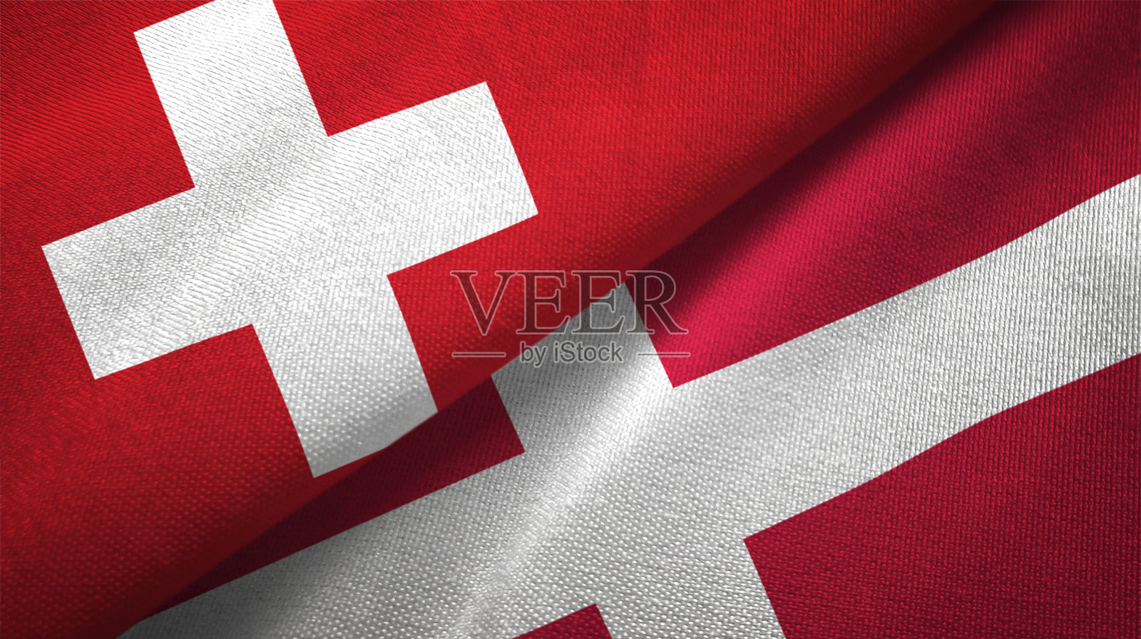 丹麦和瑞士两国国旗一起关系纺织品布料质地照片摄影图片