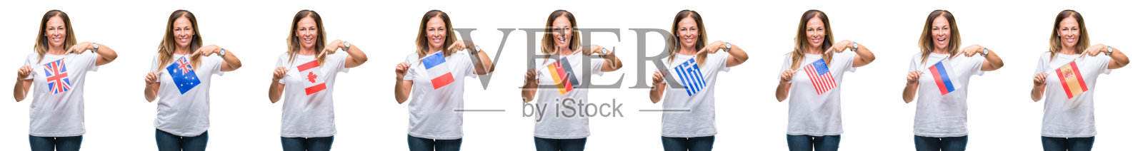 拼贴的中年成熟的妇女举着不同国家的旗帜在白色孤立的背景非常幸福的指向手和手指照片摄影图片